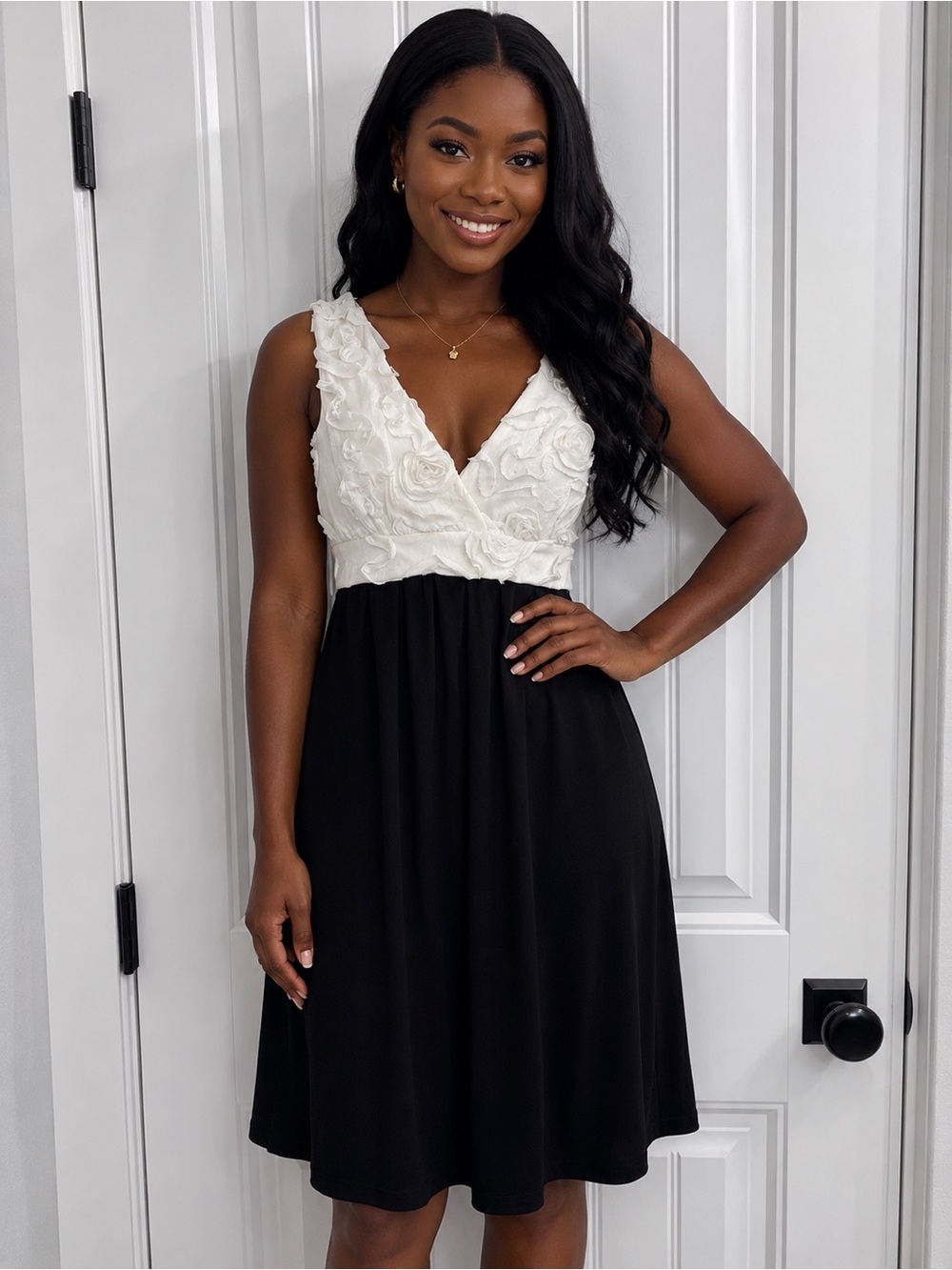 Floral Appliqué V-Neck Midi Dress in White & Black